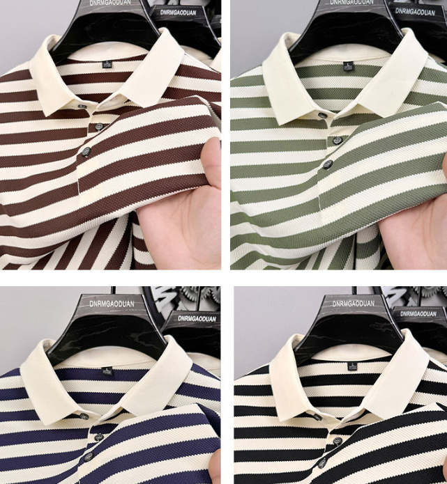 Lapel Jacquard Stripes Breathable Sweat Absorbing Business Casual Men's Clothing - Image 3